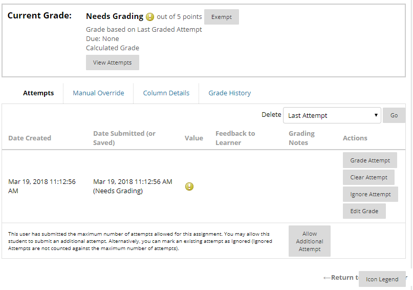 Grade details screen where instructors can view student submission attempts